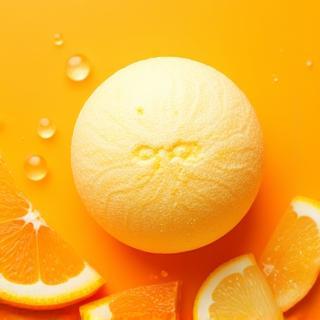 Bomba de baño artesanal aroma cítrico, tonos naranja-amarillo